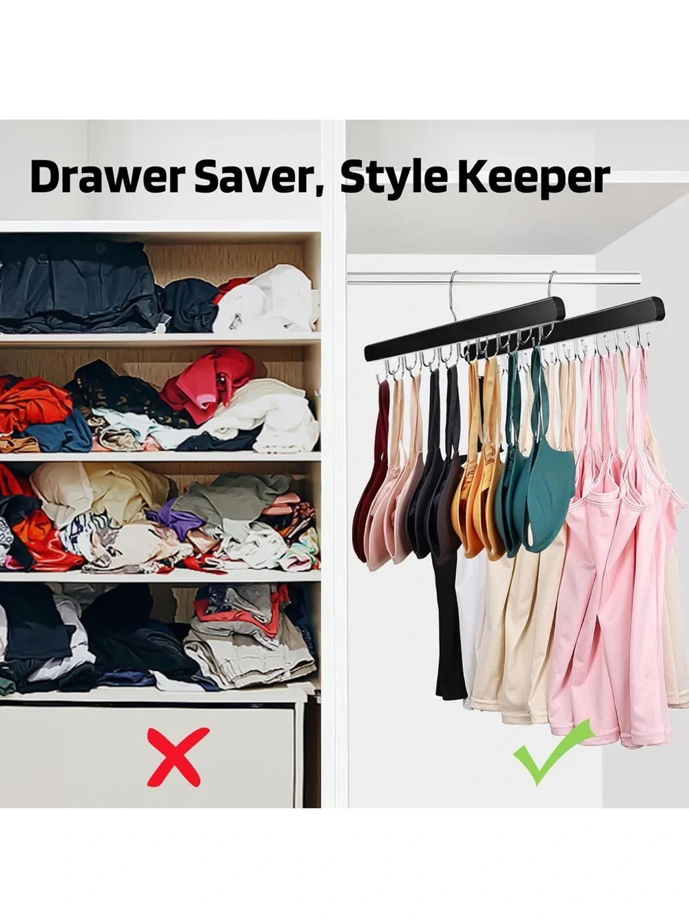 NWT Two Wooden Hangers with 18 Foldable Hooks each, 360° Rotating Design